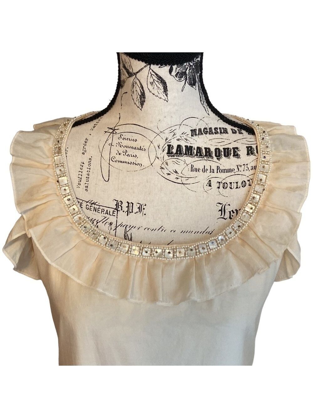 Jenny Han Shift Dress Ruffle Beaded Cotton/Silk Cream Size M - Picture 2 of 8